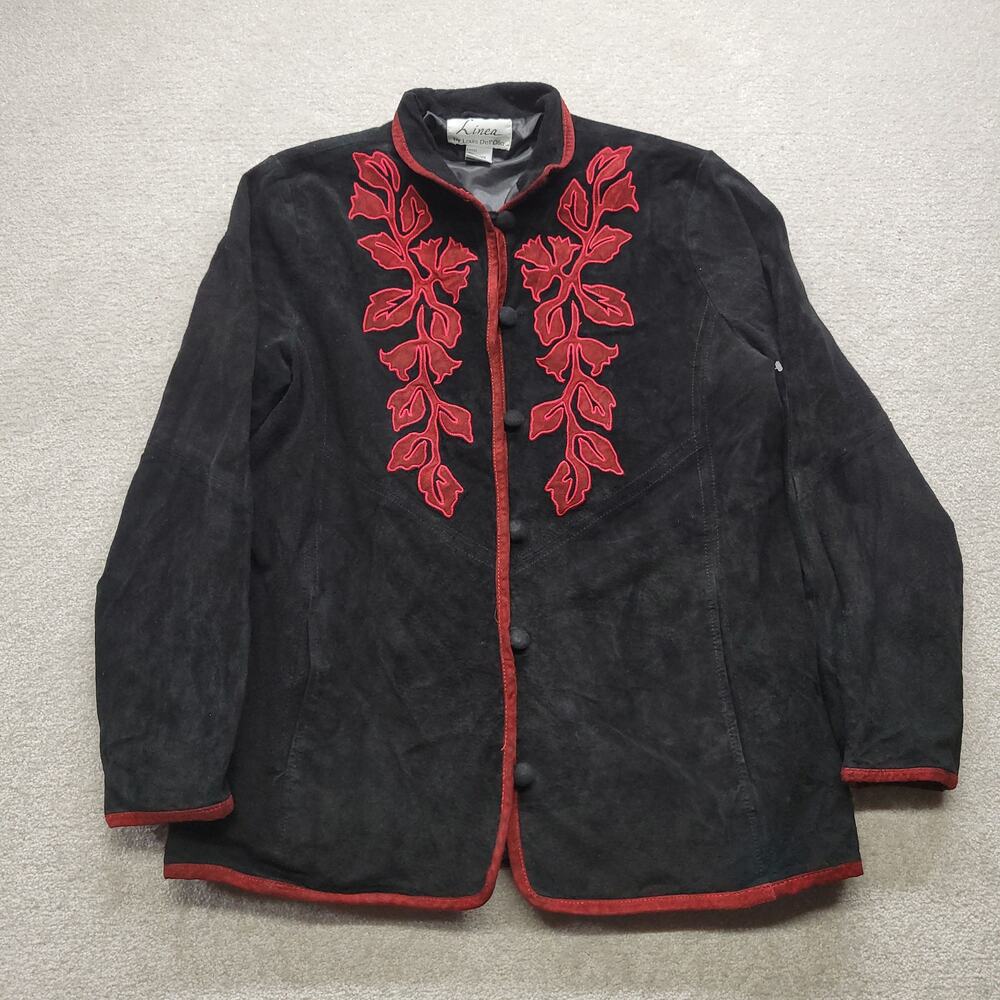 Linea Louis Dell'Olio Womens M Black Suede Leather Jacket Red Floral Embroidered